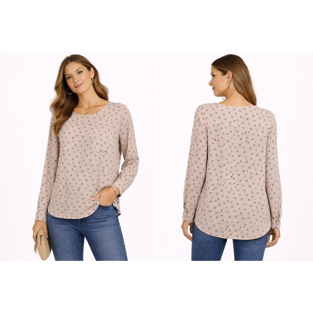 Ann‎ Taylor LOFT Blush Pink Geometric Floral Roll Tab Sleeve Blouse Small